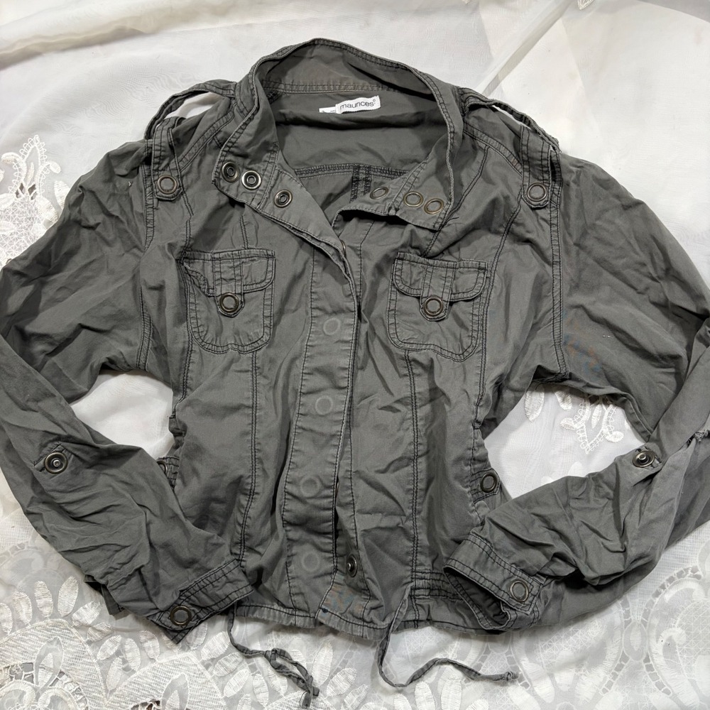 Grunge Subversive Gray Cotton Utility Military Jacket Size 3 Drawstring Hem